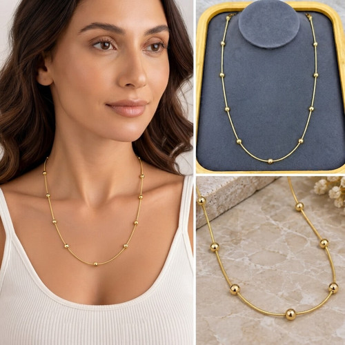 💎 Premium Parlak ve Şık Gold Renk Top Detaylı İnce 316L Çelik Zincir Kadın Kolye (45 cm)