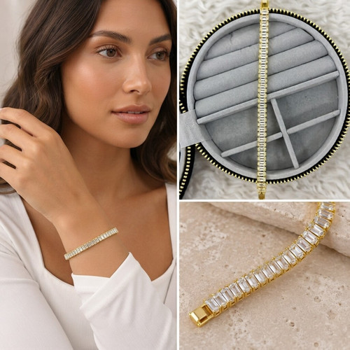 💎 Premium Parlak ve Şık Baget Taşlı Gold Renk 316L Çelik Kadın Bileklik (~20cm)