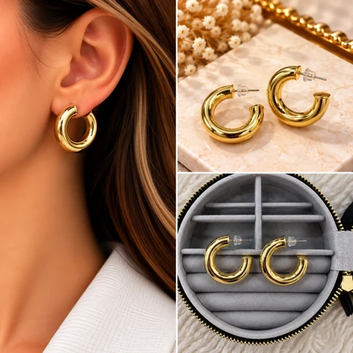 💎 Premium Parlak ve Şık Gold Renk Kalın Açık Halka 316L Çelik Kadın Küpe