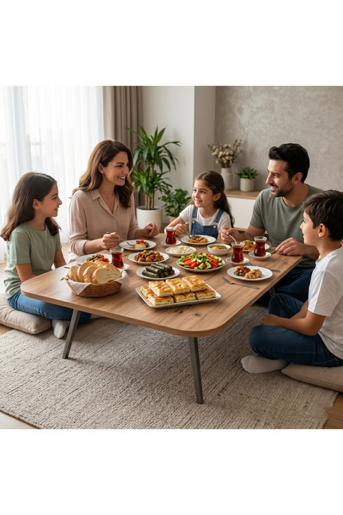 119 cm x 69 cm Ahşap Renk Oval Kenarlı Katlanabilir Yer Sofrası ve Yemek Masası – Metal Ayaklı 6 Kişilik Masa