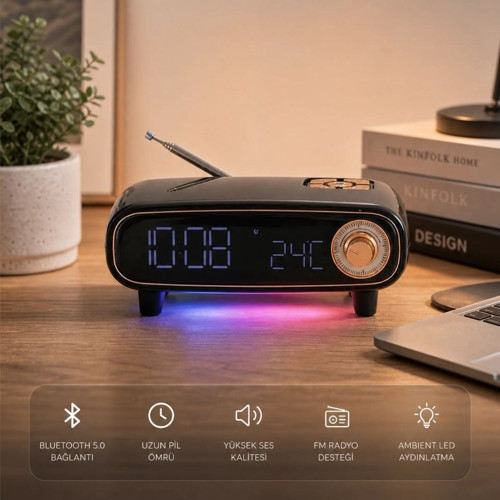 ® Retro Bluetooth Hoparlör, FM Radyo, LED Işıklı Dijital Masa Saati ve Termometre, Çok Fonksiy