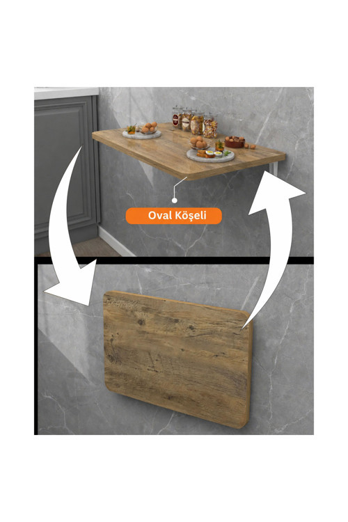 90x50 Cm Oval Köşeli Ceviz Duvara Monte Katlanır Masa | Mekanizmalı Açılır Kapanır Duvar Masası | Mutfak Balkon Çalışma Masası