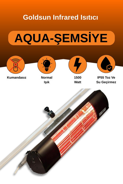 Goldsun Aqua 1500 Watt GSU15 Şemsiye Tip Kumandasız Suya Dayanıklı Elektrikli İnfrared Isıtıcı-Siyah