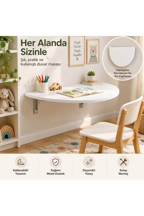 Montessori Katlanabilir Duvar Masası Çocuk Aktivite Masası | Açılır Kapanır Çalışma Masası | Kalem Boya Silinebilir Yüzey | 78 cm Beyaz Duvar Masası, Montessori Masa