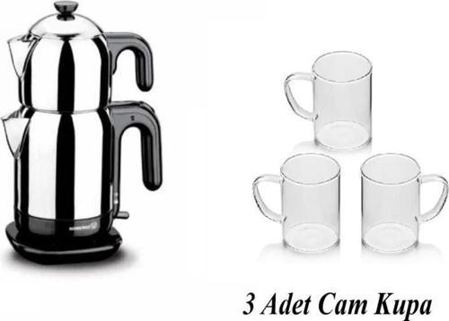 Çelik Çay Makinesi Siyah Kulplu 3 Adet Cam Kupa
