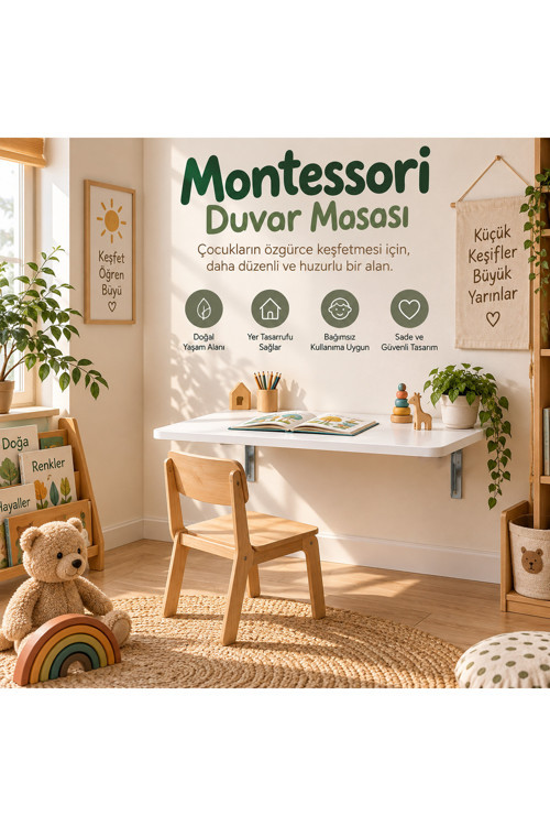 Montessori Masa 90x50 cm Katlanabilir Duvar Masası Çocuk Çalışma Oyun ve Aktivite Masası Beyaz