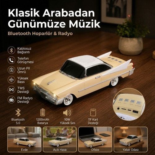 ® Retro Klasik Araba Bluetooth Hoparlör, Işıklı Nostaljik Radyo, Uzun Gövdeli Klasik Otomobil