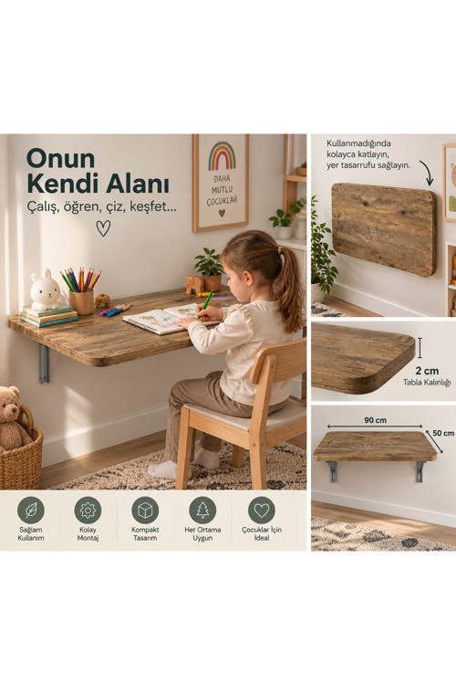 Montessori Masa 90x50 cm Katlanabilir Duvar Masası Çocuk Çalışma ve Aktivite Masası Ceviz Renk Sunta Tabla