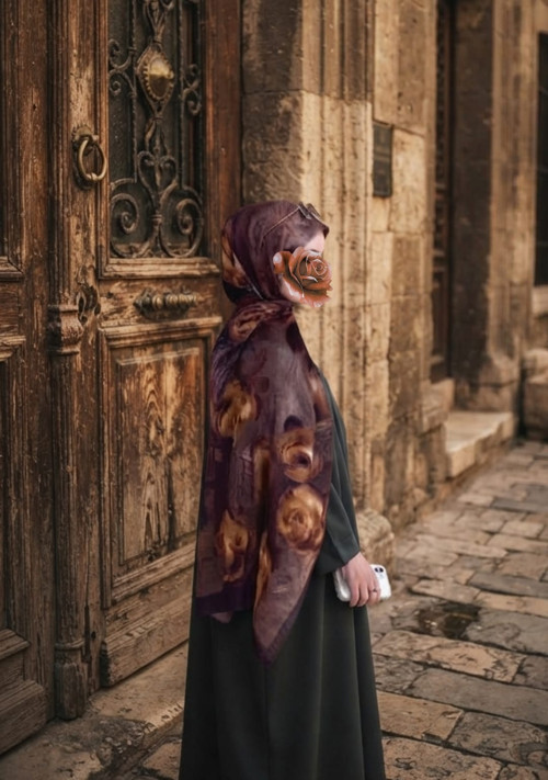 Pamuklu Rose Desen Şal-Mürdüm