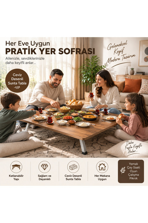 Ceviz Yer Sofrası 119x69 cm Katlanabilir Masa | Sunta Tabla Ahşap Görünümlü Yer Masası, Çay Sofrası, Yemek ve Aktivite Masası