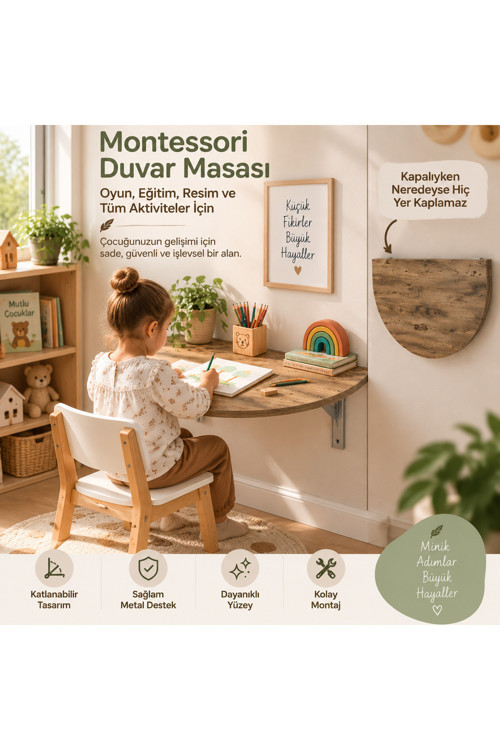 Ratemo Montessori Duvar Masası 78x39 cm Katlanabilir Çocuk Çalışma ve Aktivite Masası Ahşap Desenli