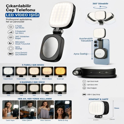 ® Çıkarılabilir Ayna Özellikli Manyetik Cep Telefonu LED Video Işığı, 5 Farklı Işık Modu ve 5
