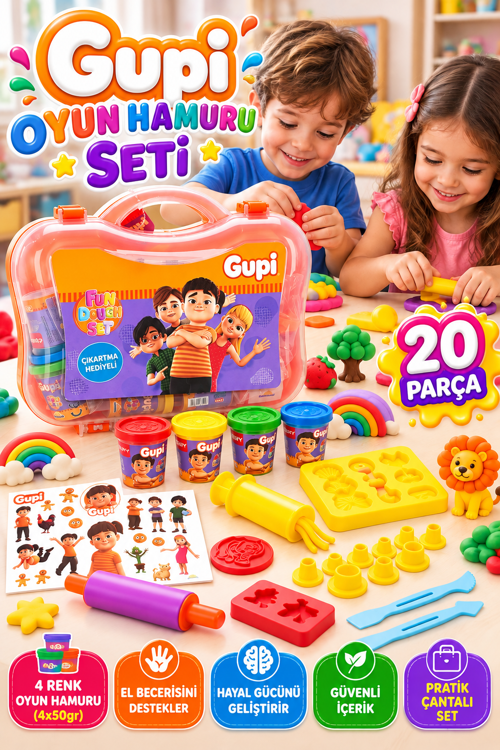 Gupi Çantalı Oyun Hamuru Seti 20 Parça 4x50 gr Kalıplı Merdaneli Çocuk Oyun ve Aktivite Seti 3+ Yaş!