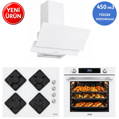 AFM Serisi UG-21 Beyaz Cam Turbo+Soğutma Dijital Dokunmatik 3'lü Ankastre Set (Fırın+Ocak+Davlumbaz