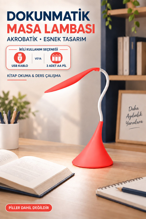 Dokunmatik LED Masa Lambası Dimmerli Esnek Akrobatik Kitap Okuma Ders Çalışma Pilli & USB Kablolu Kullanım