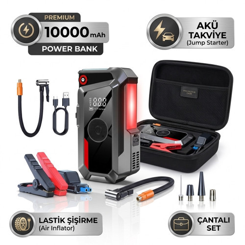 Oto Akü Takviye Cihazı & Dijital Lastik Şişirme Pompası Çantalı 10000 mAh Bataryalı