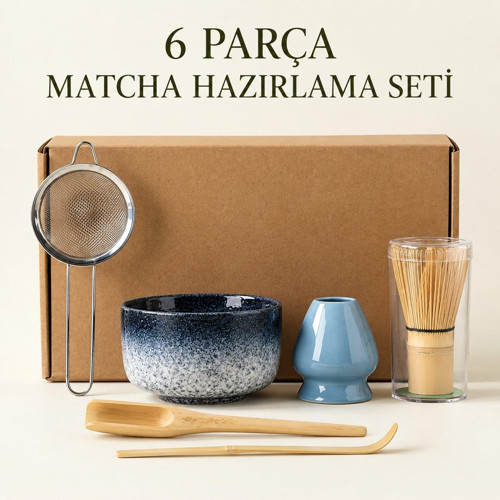 6 Parça Matcha Hazırlama Seti Bambu Çırpıcı Seramik Kase Süzgeç Ölçü ve Kaşık Mavi
