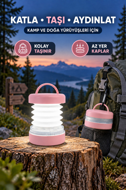 Katlanabilir Kamp Lambası Pilli 2 Işık Modlu Askılı LED Çadır Feneri Portatif Outdoor Piknik Acil Durum Lambası
