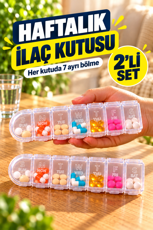 2 Adet Haftalık İlaç ve Hap Kutusu 7 Gün Şeffaf Vitamin Saklama Kabı Seyahat Düzenleyici 16 x 3,5 cm