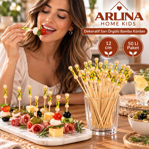 Dekoratif Sarı Örgülü Bambu Kürdan 12 cm 50'li Paket
