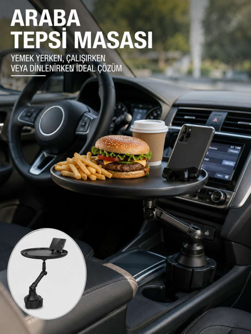 Araç İçi 360° Ayarlanabilir Bardaklık Tepsisi Geniş Yüzeyli ve Telefon Standlı Yeni Nesil