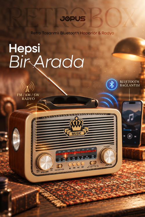 Taşınabilir Şarjlı Nostaljik Görünümlü Bluetooth Hoparlör FM Radyo USB SD Aux MP3 Destekli Klasik Ahşap Kablosuz Speaker