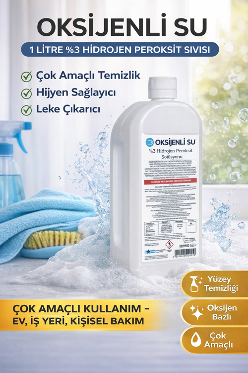 Oksijenli Su 1 Litre %3 Hidrojen Peroksit Solüsyonu Çok Amaçlı Temizlik ve Hijyen Sıvısı 1 ADET