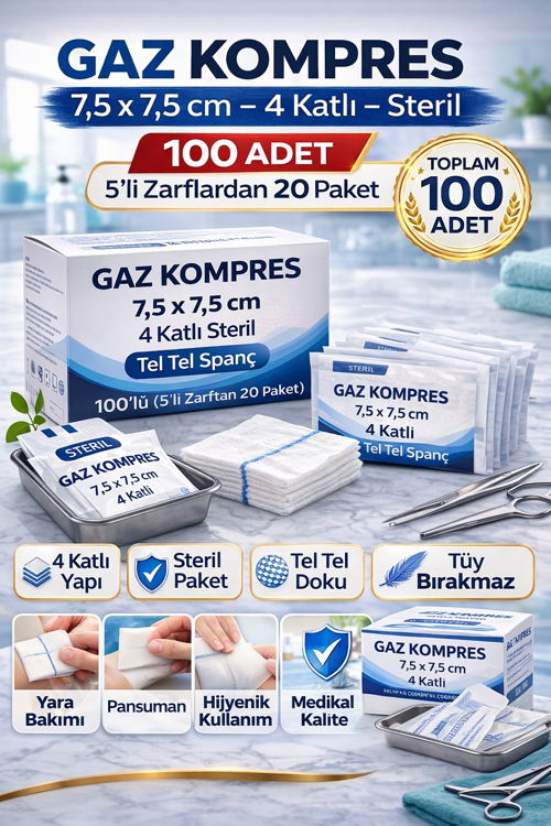 Steril Emici Spanç 7,5 x 7,5 cm 4 Katlı - 1 Kutu 100 Adet