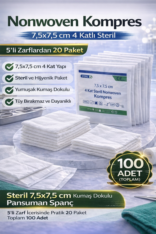 Steril Emici Spanç 7,5 x 7,5 cm 4 Katlı - 1 Kutu 100 Adet