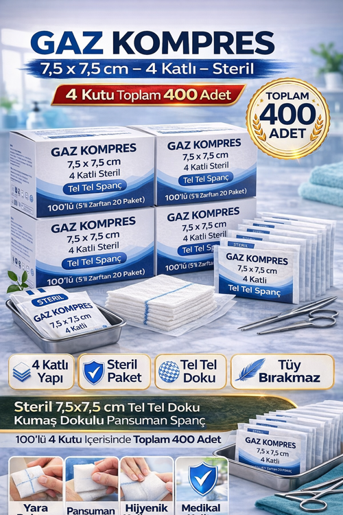 Steril Emici Spanç 7,5 x 7,5 cm 4 Katlı - 4 Kutu 400 Adet
