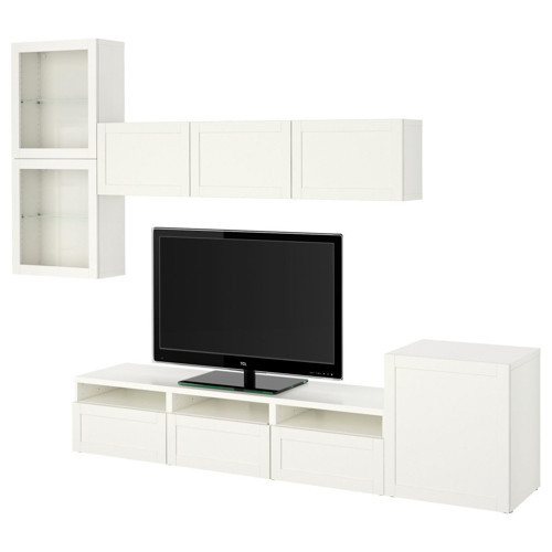 TV Ünitesi, Beyaz-Şeffaf Cam, 300x42x211 cm, Çıt Çıt Raylı