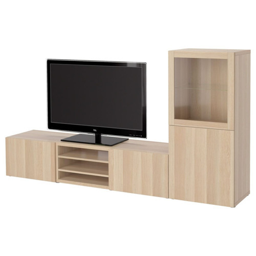 TV Ünitesi, Ağartılmış Meşe Görünümlü-Beyaz Meşe Görünümlü-Şeffaf Cam, 240x42x129 cm