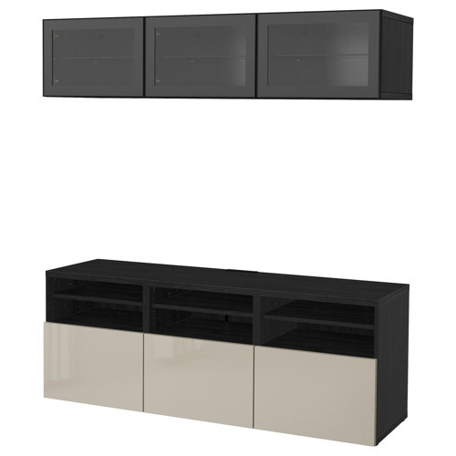 TV Ünitesi, Venge-Parlak Cila-Bej-Şeffaf Cam, 180x42x192 cm, Çıt Çıt Raylı