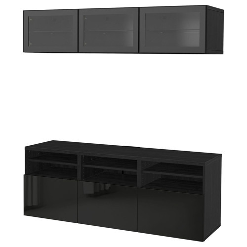 TV Ünitesi, Venge-Siyah-Şeffaf Cam, 180x42x192 cm, Çıt Çıt Raylı