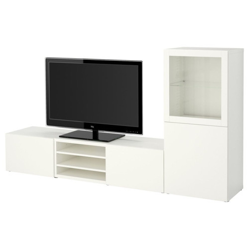 TV Ünitesi, Beyaz-Şeffaf Cam, 240x42x129 cm, Fren Raylı
