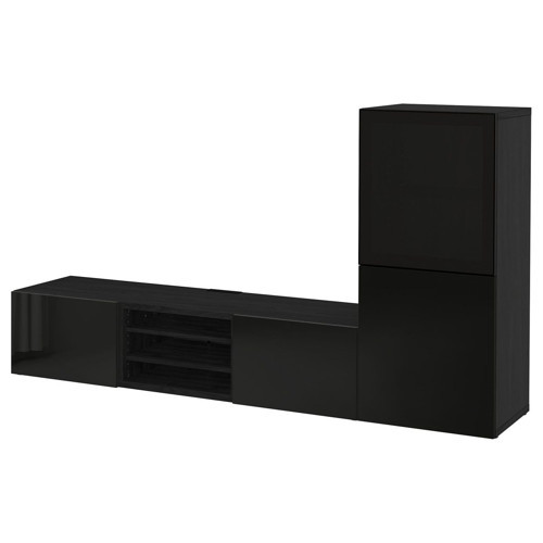 TV Ünitesi, Venge-Parlak Cila-Siyah-Füme Cam, 240x42x129 cm, Çıt Çıt Raylı