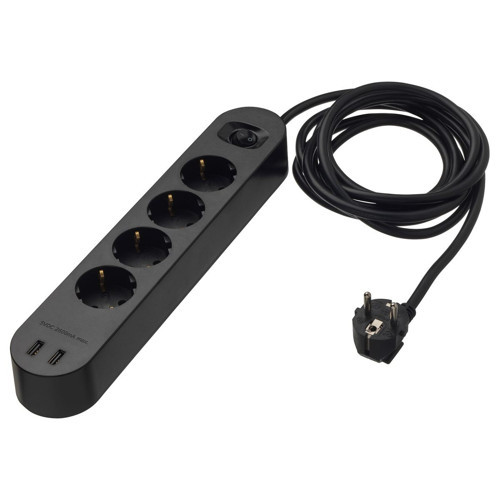 2 USB Girişli 4'lü Priz, Siyah, 3 m