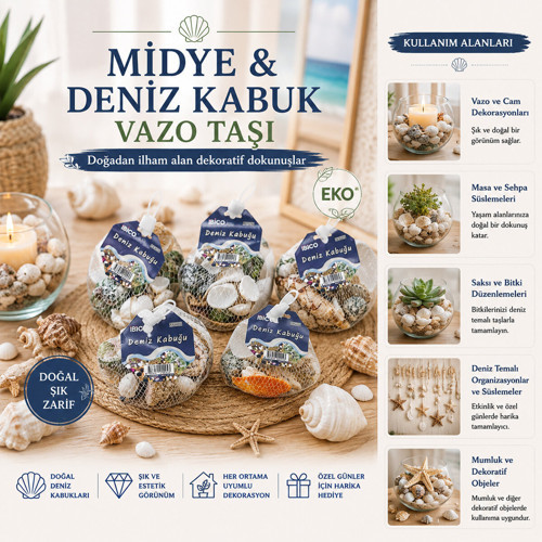 15 ADET FİLELİ RENKLİ MİX EKO MİDYE - DENİZ KABUK VAZO TAŞI (5691)
