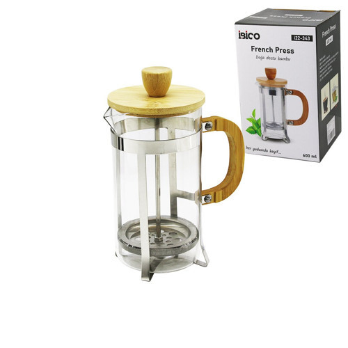 FRENCH PRESS METAL KAFES - BAMBU SAP BAMBU KAPAK 600ML CAM BİTKİ SÜZGEÇİ (5691)