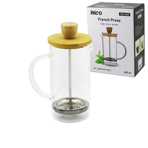 FRENCH PRESS BAMBU KAPAK 600ML CAM BİTKİ SÜZGEÇİ (5691)