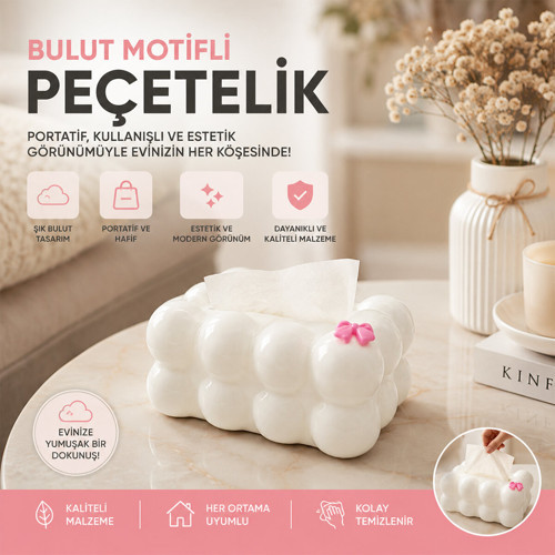 19X12.5X8.5CM BEYAZ YAYLI MASAÜSTÜ BUBBLE DEKORATİF BULUT PEÇETELİK (5691)
