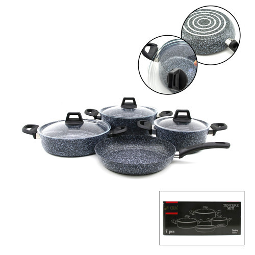 GRİ 7 PARÇA GRANİT TENCERE - TAVA SETİ 20-24CM DERİN - 27CM BASIK CAM KAPAK TENCERE - 26CM TAVA (569