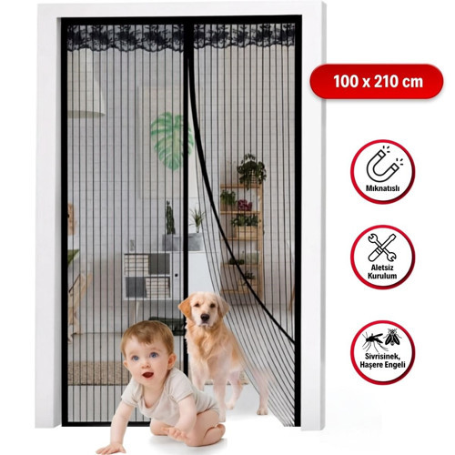Mıknatıslı Kapı Sinekliği Siyah 100x210 cm Otomatik Kapanan Manyetik Tül Sineklik (5691)