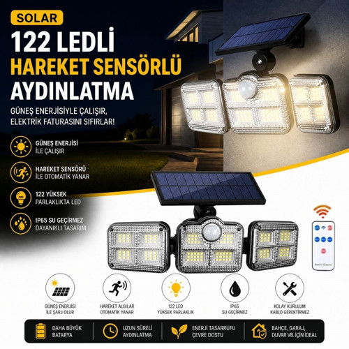 3'lü 122 LEDLİ Güneş Enerjili Hareket Sensörlü Aydınlatma, Dış Mekan Duvar ve Bahçe Lambası