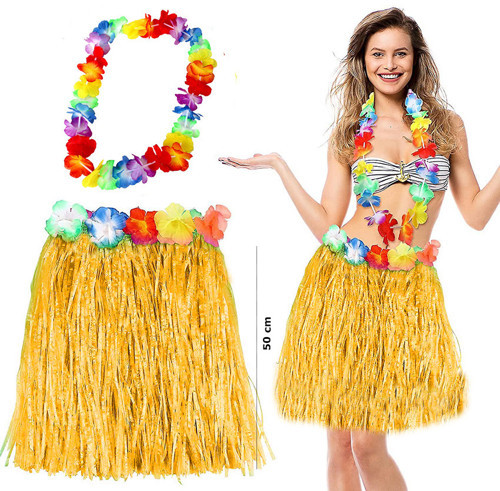 Hawaii Luau Aloha Sarı Püsküllü 50 cm Etek ve Hawaii Kolye Seti (5691)