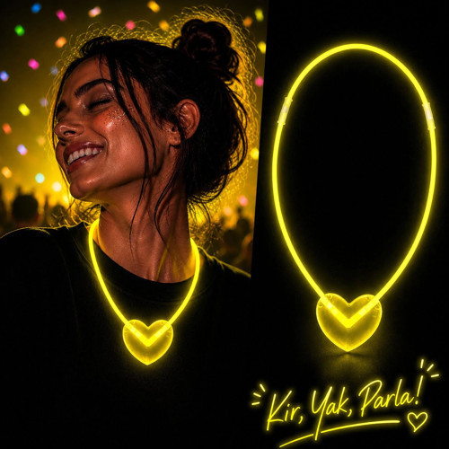 Neon Işıklı Fosforlu Kalp Parti Kolyesi Sarı Renk (5691)