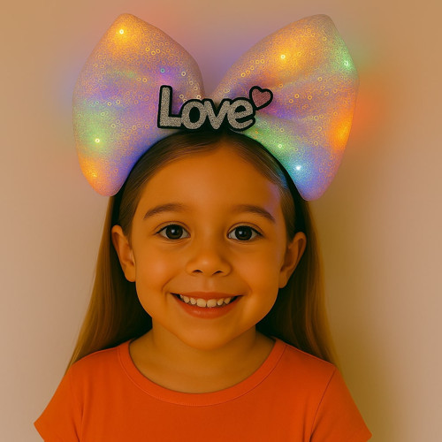LED Işıklı Love Yazılı Pembe Fiyonk Taç – Kız Çocuk Parti Tacı (5691)