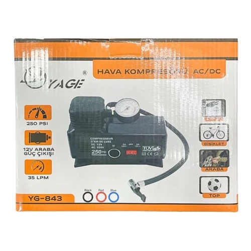220 Volt-12 Volt 250 Psi Kompresör Lastik Hava Şişirme Oto Pompası Fişli Ve Çakmaklı Yage-843 (5691)