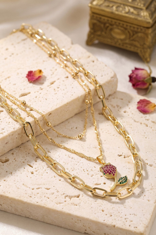 Gold Renk Lale Detaylı Kombin Kadın Kolye TJ-BKO11258