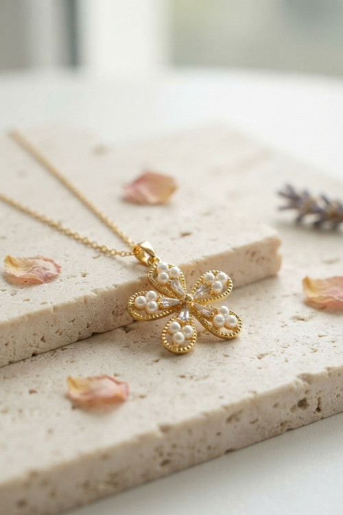 316L Çelik Zincir Gold Renk Çiçek Model Kadın Kolye TG27BKO11242